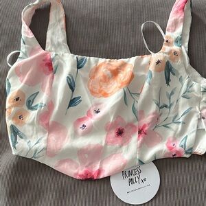 Princess Polly White Floral Crop Top with Pink & Peach Flowers